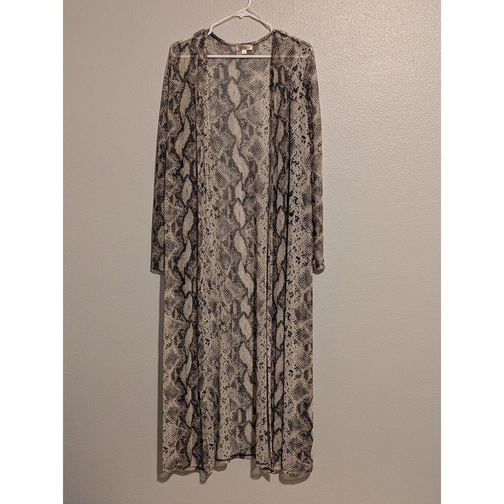 Lavish Snakeskin Print Mesh Duster Cardigan Long Sleeve Open Front Neutral Large